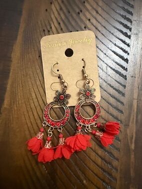 Fashion Jewelry Red Floral Hoop Tassel Earrings